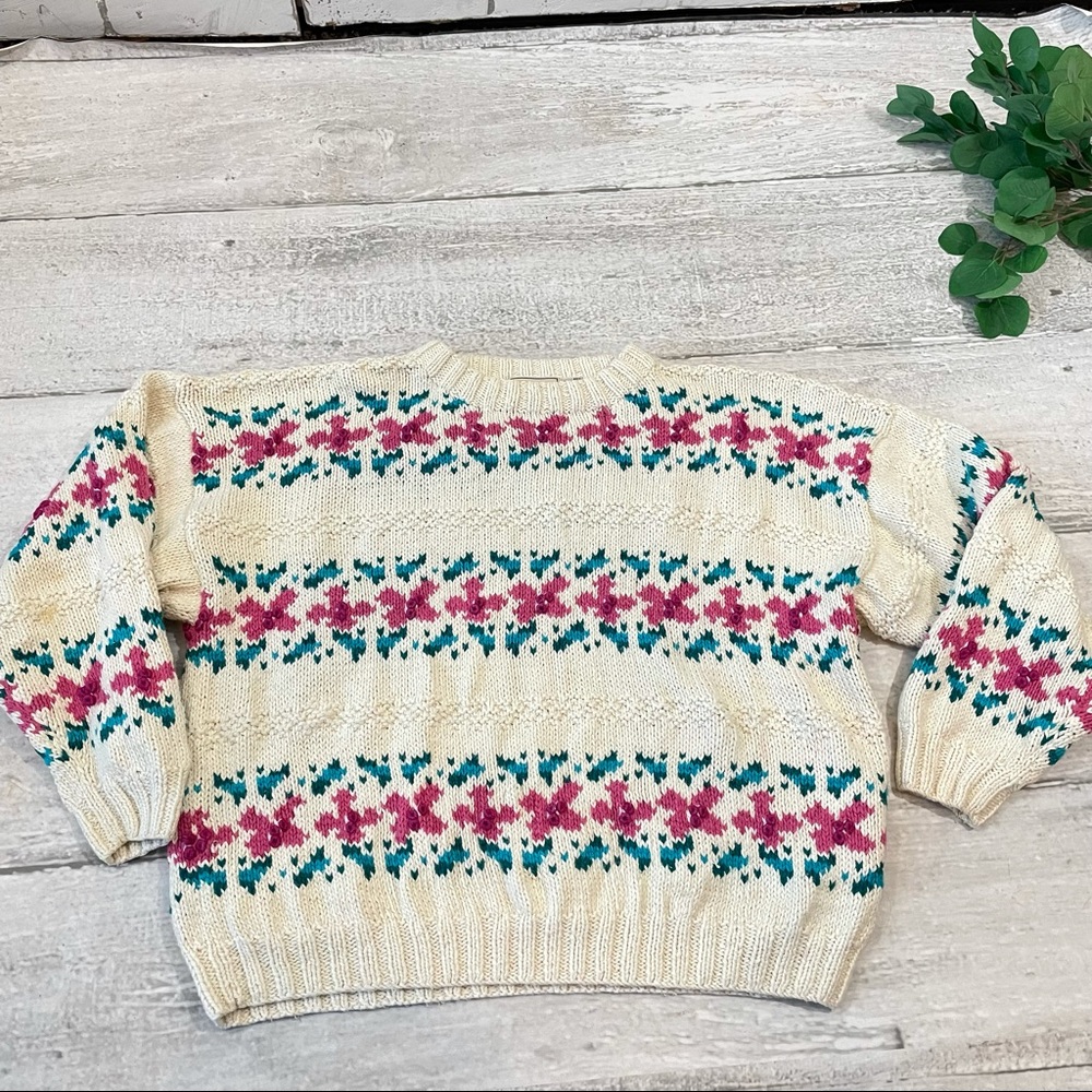 L.L. Bean Cream Crewneck Sweater with Pink and Teal Floral Fair Isle - Picture 8 of 9